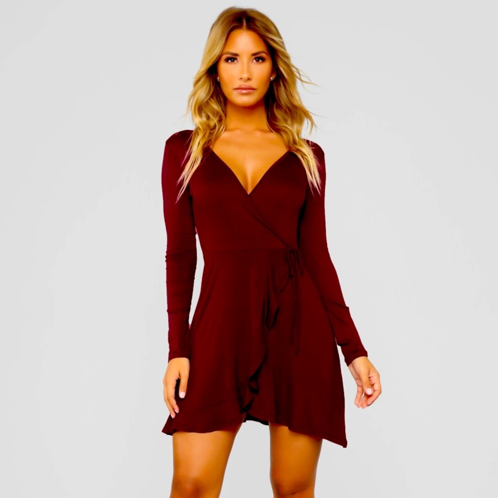 Long sleeve faux wrap burgundy dress size L